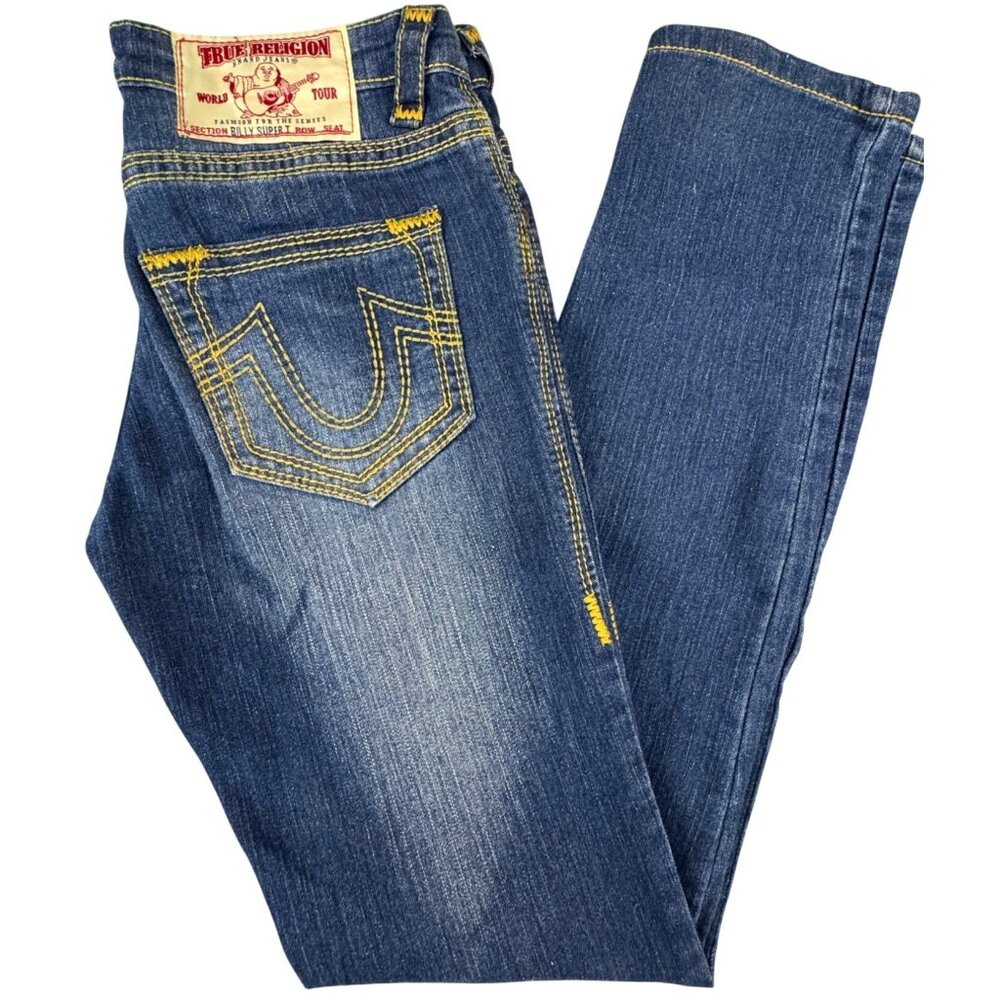 True Religion Billy Super T Womens 29 Jeans USA Blue Denim Orange Stitch NWOT - Picture 1 of 16